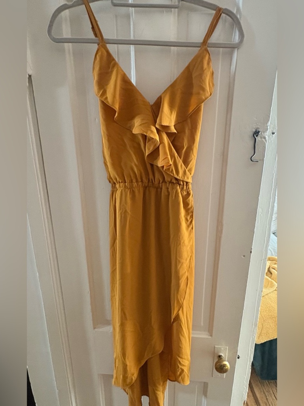 HYFVE Mustard Yellow Ruffle High-Low Wrap Dress